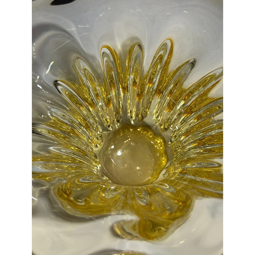 Vintage Murano Style Amber Yellow Sommerso Art Glass Flared Ribbed Vase